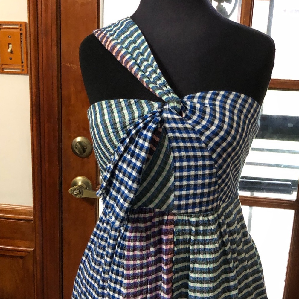 Maeve Anthropologie Waverly One Shoulder Plaid Gingham Asymmetrical Dress